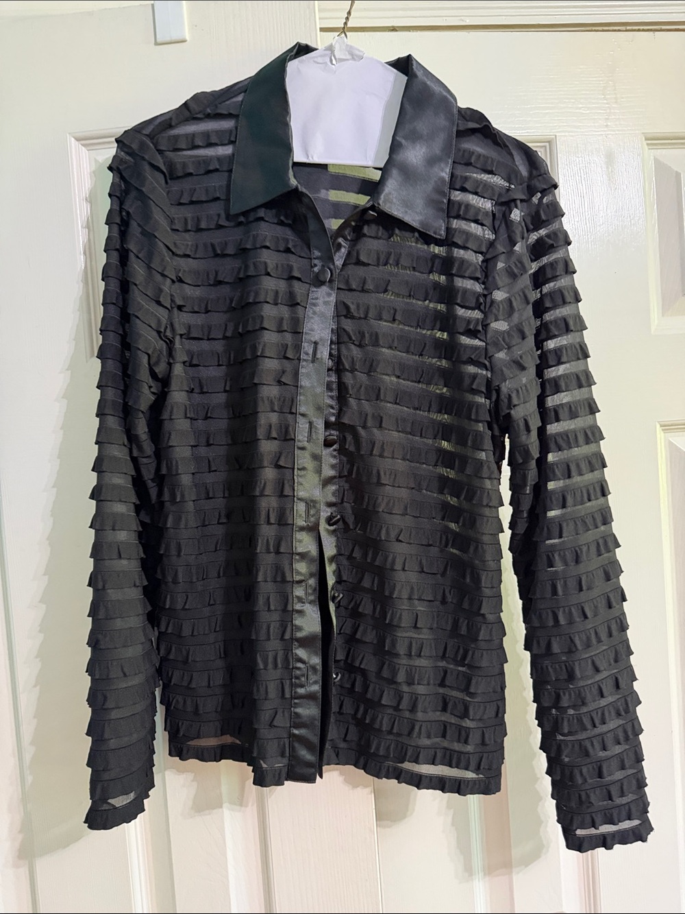 Black Ruffle Stripe Button-Up Blouse - Women